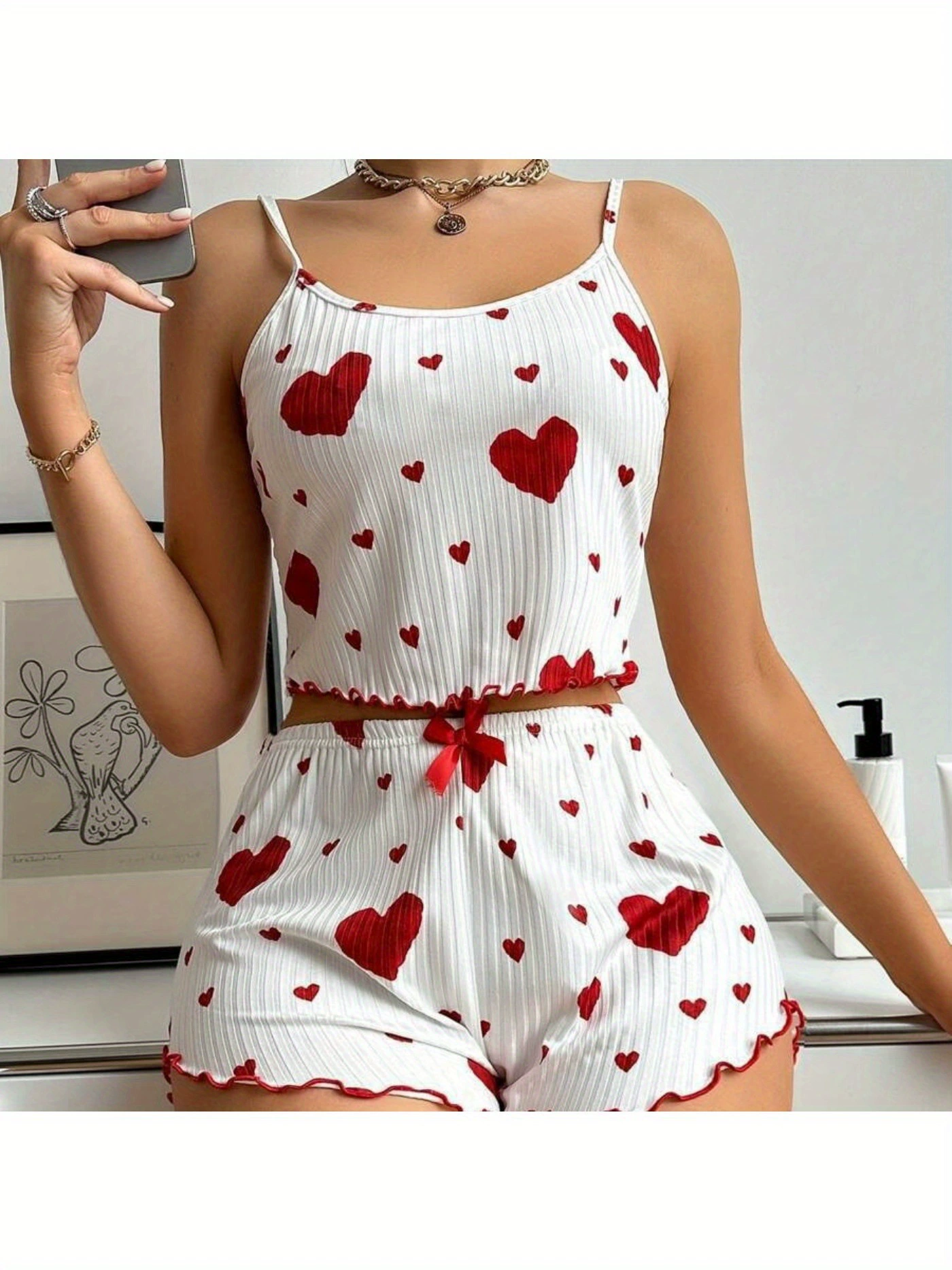 New women's Heart Print Camisole and Shorts Loungewear跨境