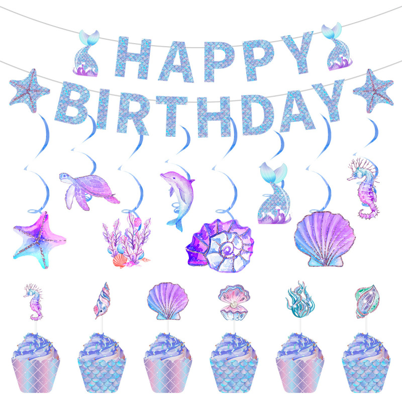 Cross-border Mermaid birthday pull flag spiral ornaments summer Mermaid theme party layout banner wholesale customization Cross-border Mermaid birthday pull flag spiral ornaments summer Mermaid theme party layout banner wholesale customization