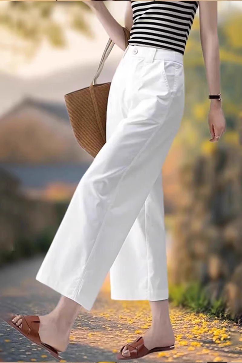 Quần culottes nữ ống rộng cạp cao dáng suông dài 9 phần vải mỏng mùa hè — Xanh lông mòng đen chi tiết 6