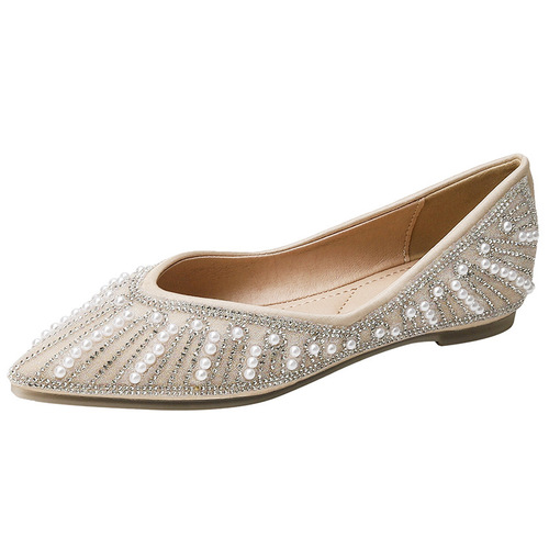  Summer Korean Style Soft Sole Pointed Toe Flat Shoes Pearl Rhinestone Shallow Mouth Scoop Shoes Slip-On Peas Shoes for Women