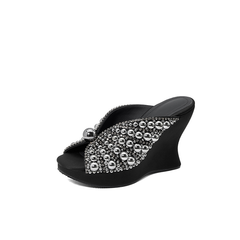 Sandal cao gót nữ đế xuồng 9cm quai ngang đính cườm ngọc trai — Màu đen, Màu trắng sữa