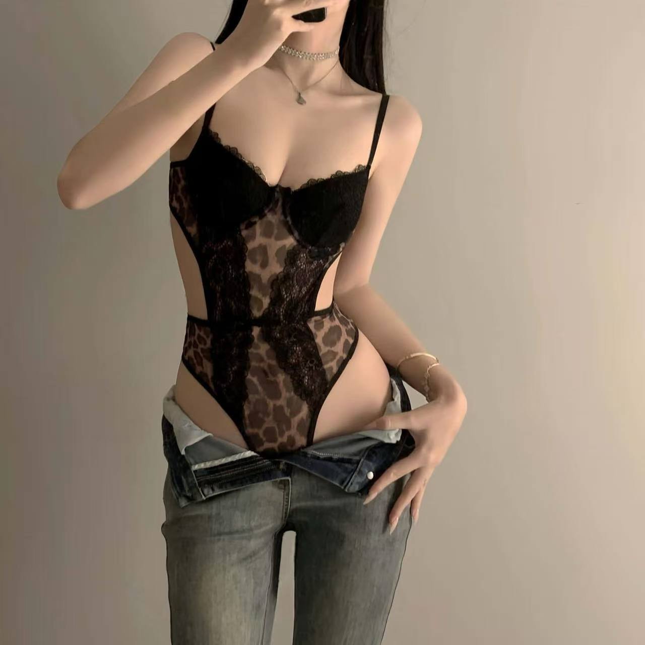 Leopard Print Lace Underwire Push-Up Bodysuit, One-Size Polyester Lingerie — detail image 1