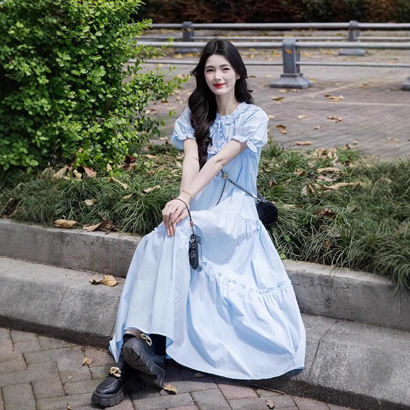French Blue Short-sleeved dress Women's Summer New Elegant Gentle Loose Slimming Sweet Long Dress