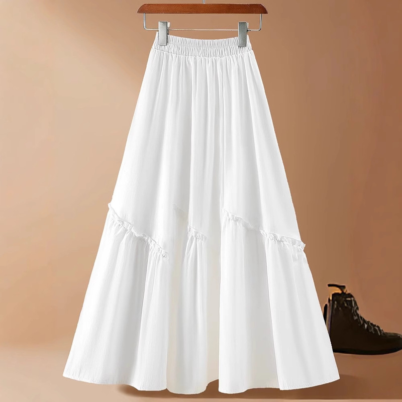 Gentle Style Pure Sweet All-match White Skirt Mid-length Slimming All-match A- line Wood-ear Skirt