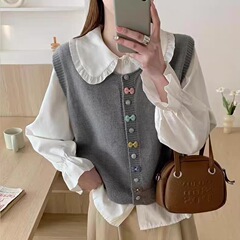 韩系甜美风彩色纽扣叠穿针织背心秋冬新款无袖宽松显瘦马甲上衣女