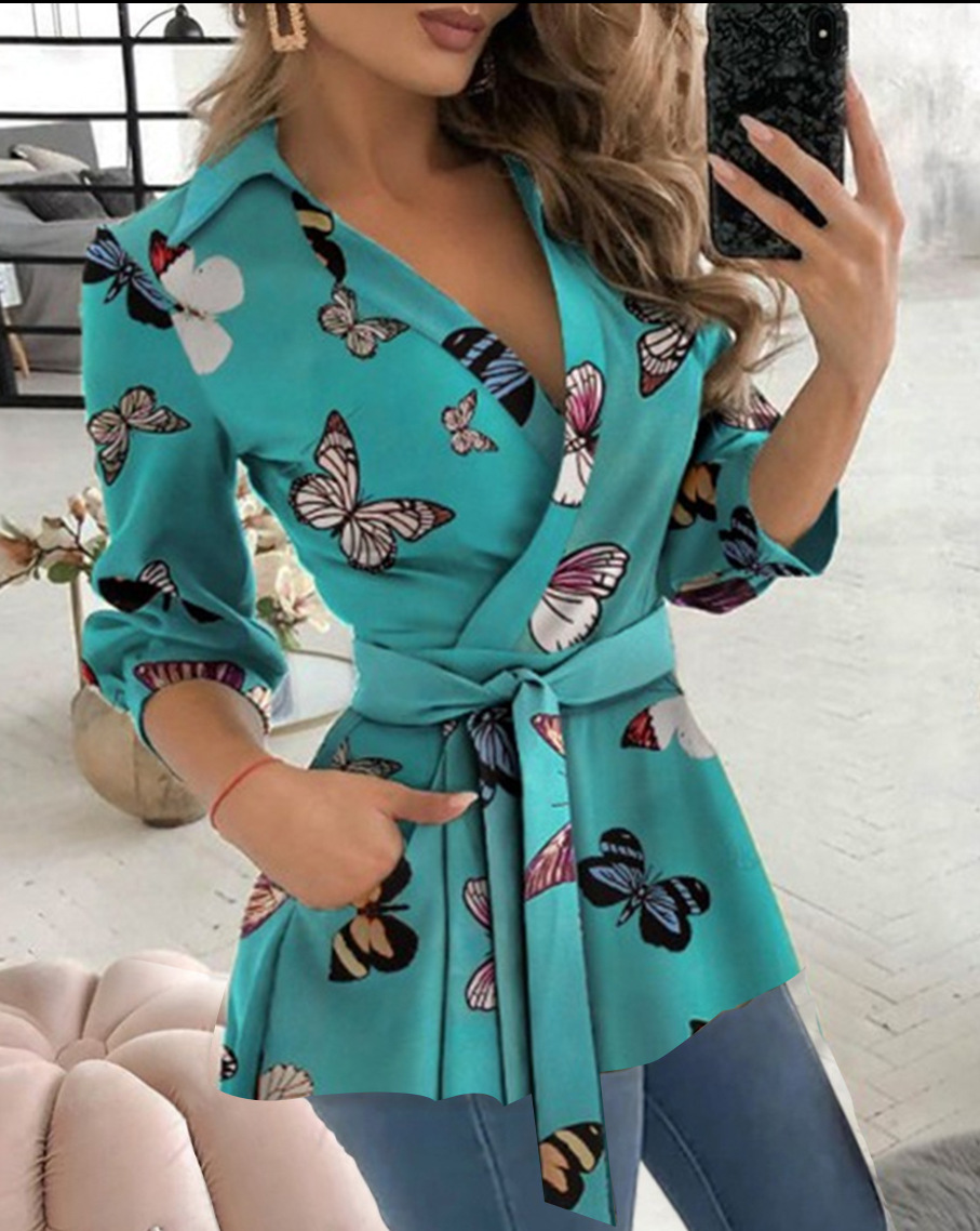 2023 estación independiente deseo Amazon popular otoño nuevo impreso manga larga cuello en V cinturón camisa para las mujeres