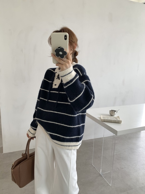 秋冬新款毛衣女2025韩系撞色条纹休闲手工穿绳慵懒风系带针织上衣|undefined