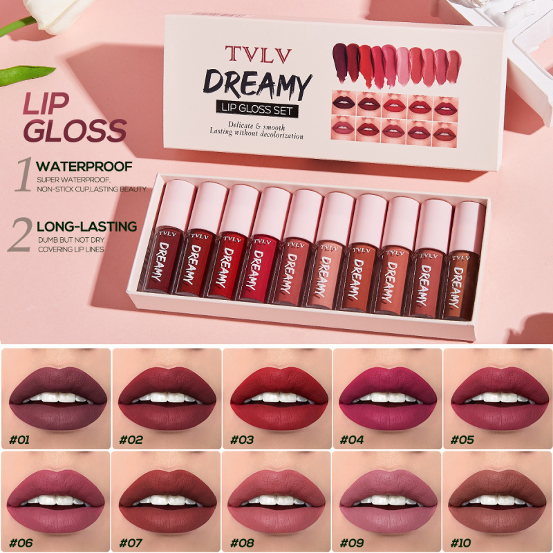 Cross-Border Foreign Trade Tvlv Dreamy Lip Gloss Set 10-Piece Matte Velvet Waterproof Lip Glaze Set Europe and America