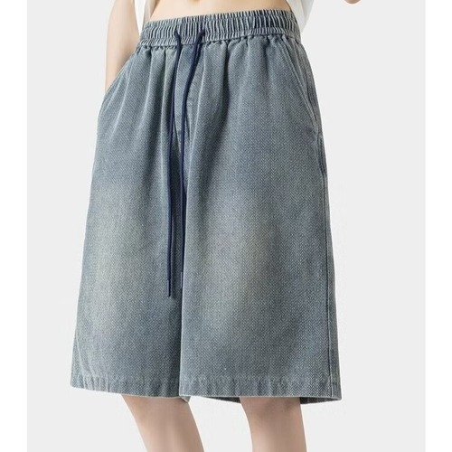 American-style embroidered denim shorts for men and women, summer high-street cool brand sporty straight-leg pants for teenagers