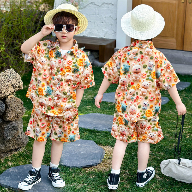 7122 Traje de chaleco para niños Camisa hawaiana de manga corta para niños Ropa de verano para bebés guapos Traje de tres piezas de verano
