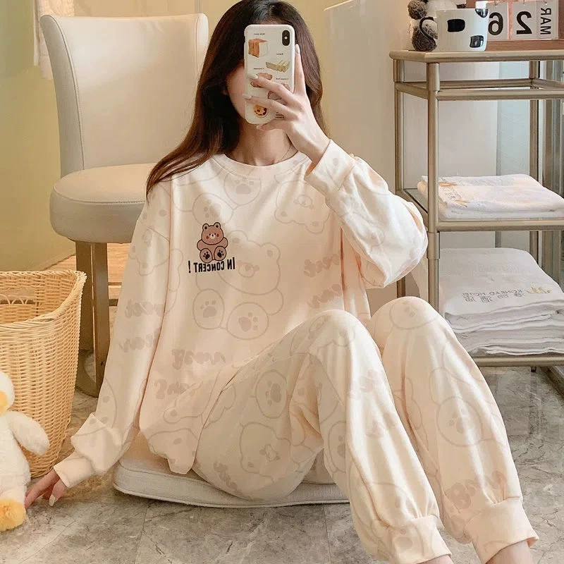 Женские пижамы, весенне-осенние, тонкие, с длинным рукавом, с мультяшным принтом, больших размеров, свободного кроя, домашняя одежда, милый мультяшный дизайн