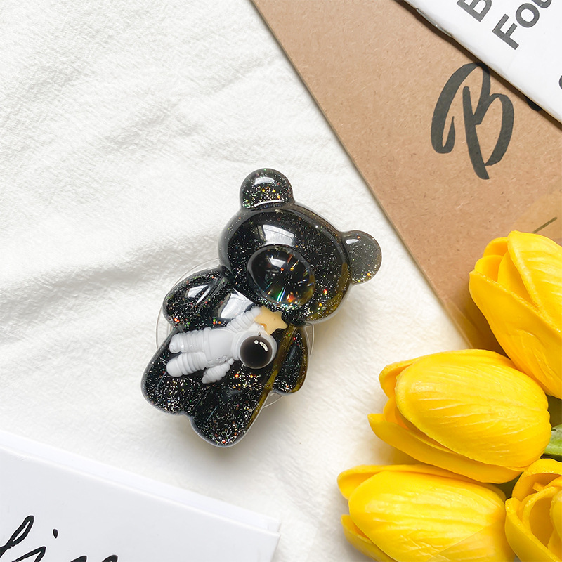 Support de téléphone ours en peluche créatif et mignon, airbag, autocollant arrière d'astronaute, support de bureau rétractable à paillettes_voghion.com