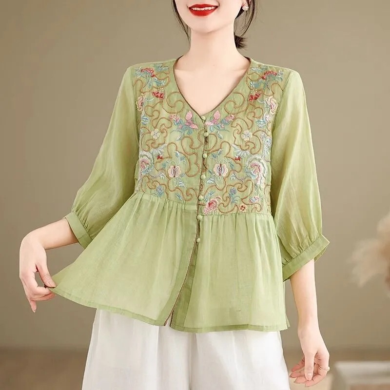 Cotton Embroidered Shirt New Style Retro Commuter Comfortable Summer Vintage Artistic Loose Embroidered Mid-Sleeve Doll Top Cotton Embroidered Shirt New Style Retro Commuter Comfortable Summer Vintage Artistic Loose Embroidered Mid-Sleeve Doll Top