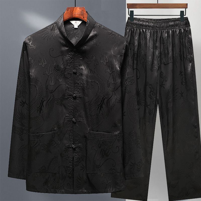 New Chinese style Tang suit for middle-aged and elderly men, long-sleeved, ice silk, Chinese Hanfu, retro Tai Chi suit for fathers and grandfathers.