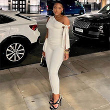 欧美风2024夏季新款跨境女装绑带单肩袖T恤高腰包臀休闲裤套装女