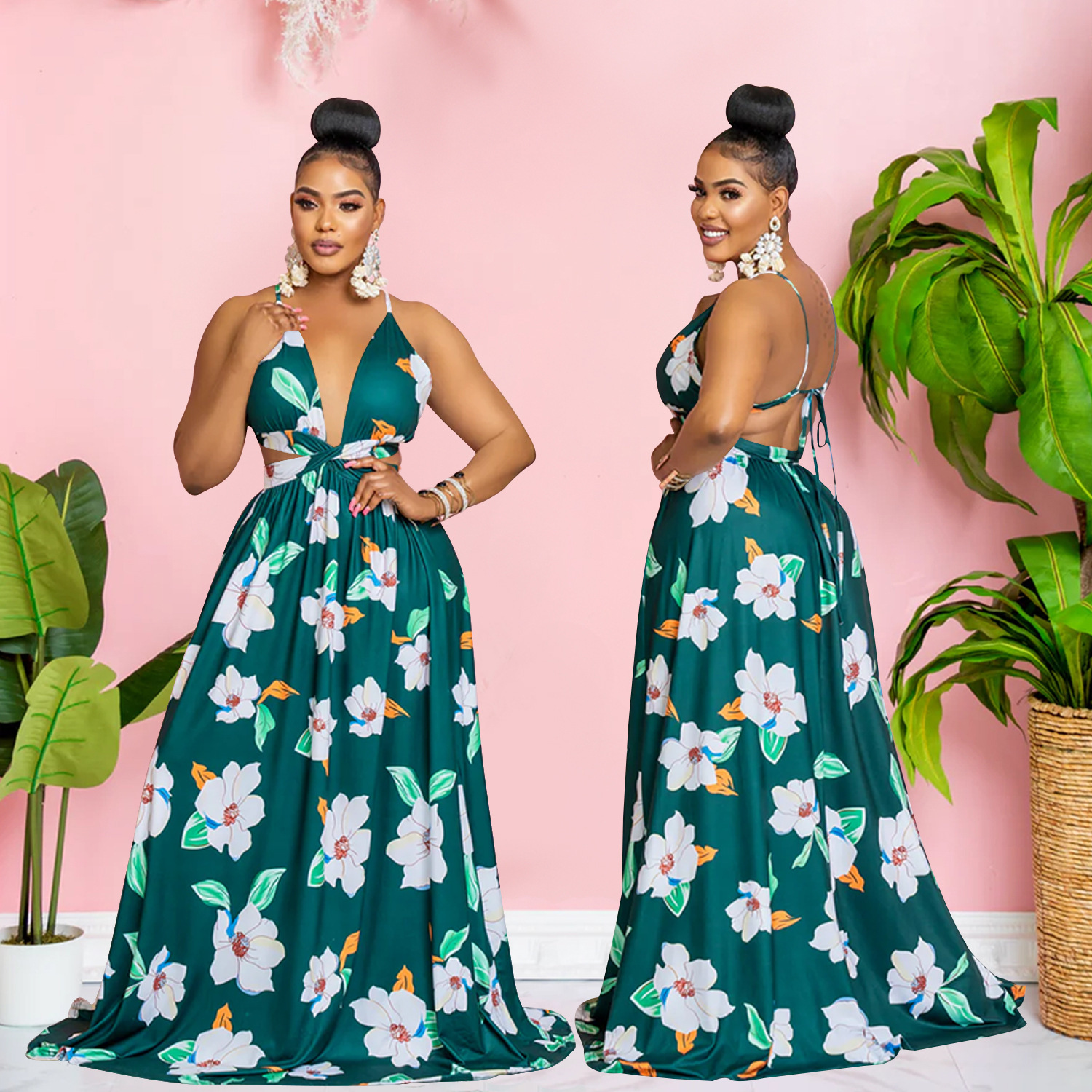 C6302 Aliexpress transfronterizo Amazon Europa y América de moda de mujer flor impresa sin mangas vestido largo