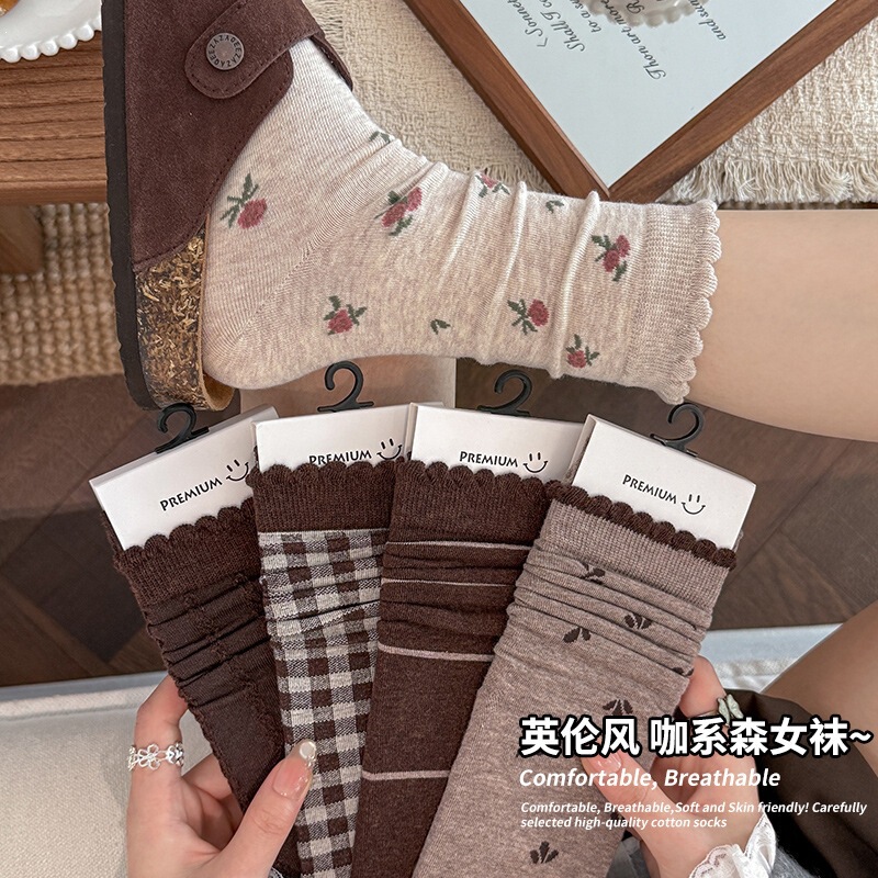 Spring and autumn thickened warm antibacterial and odor-resistant mid-calf socks with purple lace, suitable for autumn and winter, in a college style, Korean versatile stacked socks Spring and autumn thickened warm antibacterial and odor-resistant mid-calf socks with purple lace, suitable for autumn and winter, in a college style, Korean versatile stacked socks