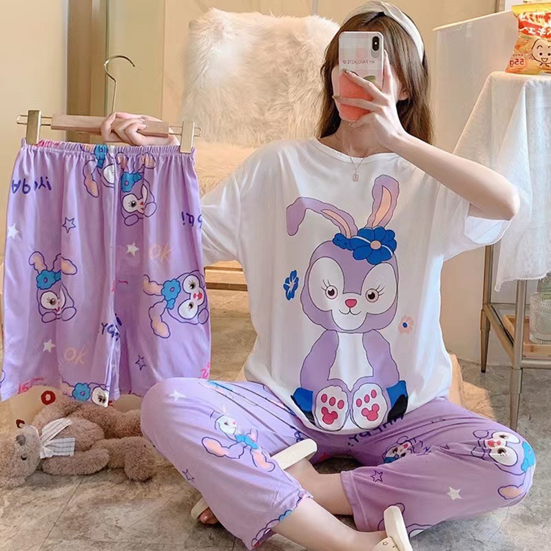 [conjunto de tres piezas] pijamas de mujer nuevo cuello redondo de verano manga corta ropa casera casual pantalones cortos sueltos set