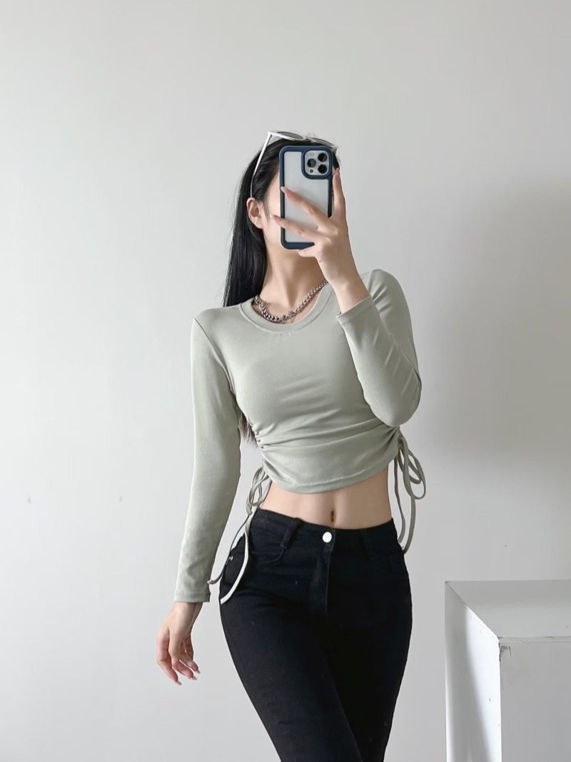 solid color Long Sleeve V-Neck Slim Side Drawstring Lace Up crop top NSXDX135740