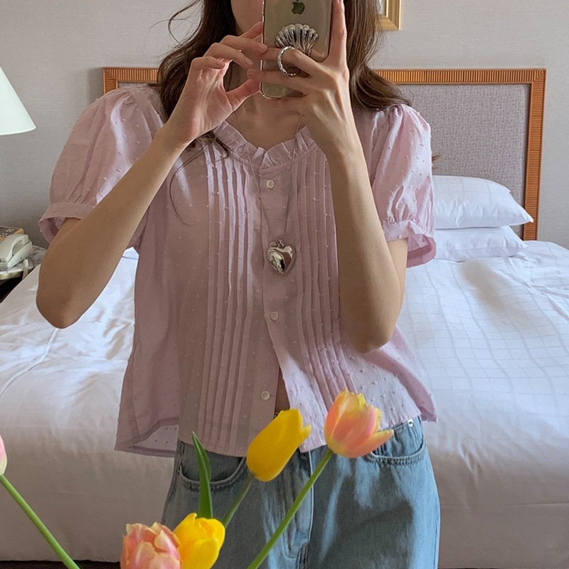 韩国chic夏季减龄复古小众设计感甜美气质温柔粉色木耳花边衬衫女