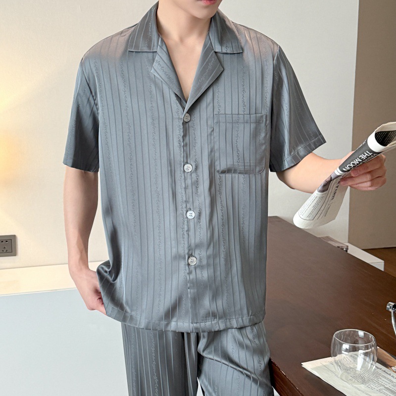Men's 100% Silk Pajamas Home Clothes suit Summer Thin · Dark Flower Striped English Short Sleeve Trousers suit