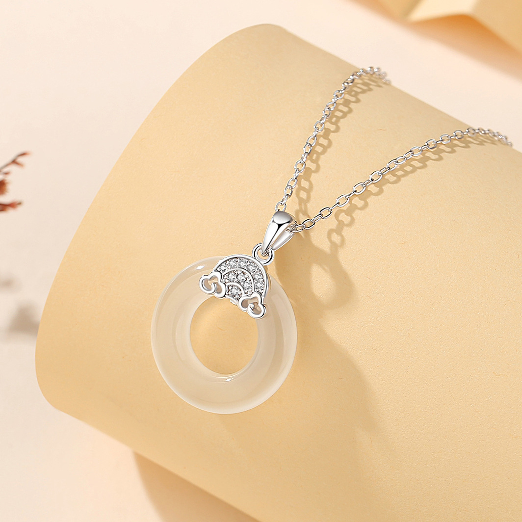 S925 plata blanco Jade hebilla de seguridad collar de las mujeres de moda nacional nuevo chino Rosa collar con diamante flor joyería al por mayor