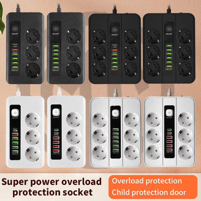 欧规排插TypeC防雷击USB带开关插座欧标插板德国俄罗斯韩国葡萄牙