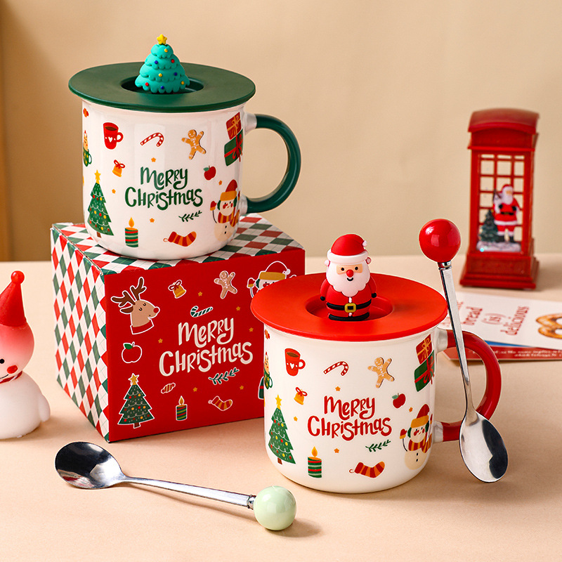 可爱圣诞节陶瓷水杯卡通马克杯公司开业活动礼品带盖杯子定制