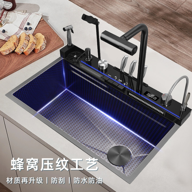 Tiburón ballena hecho a mano multifuncional lluvia voladora cascada 304 acero inoxidable grande lavabo de un solo tanque para el hogar fregadero de cocina