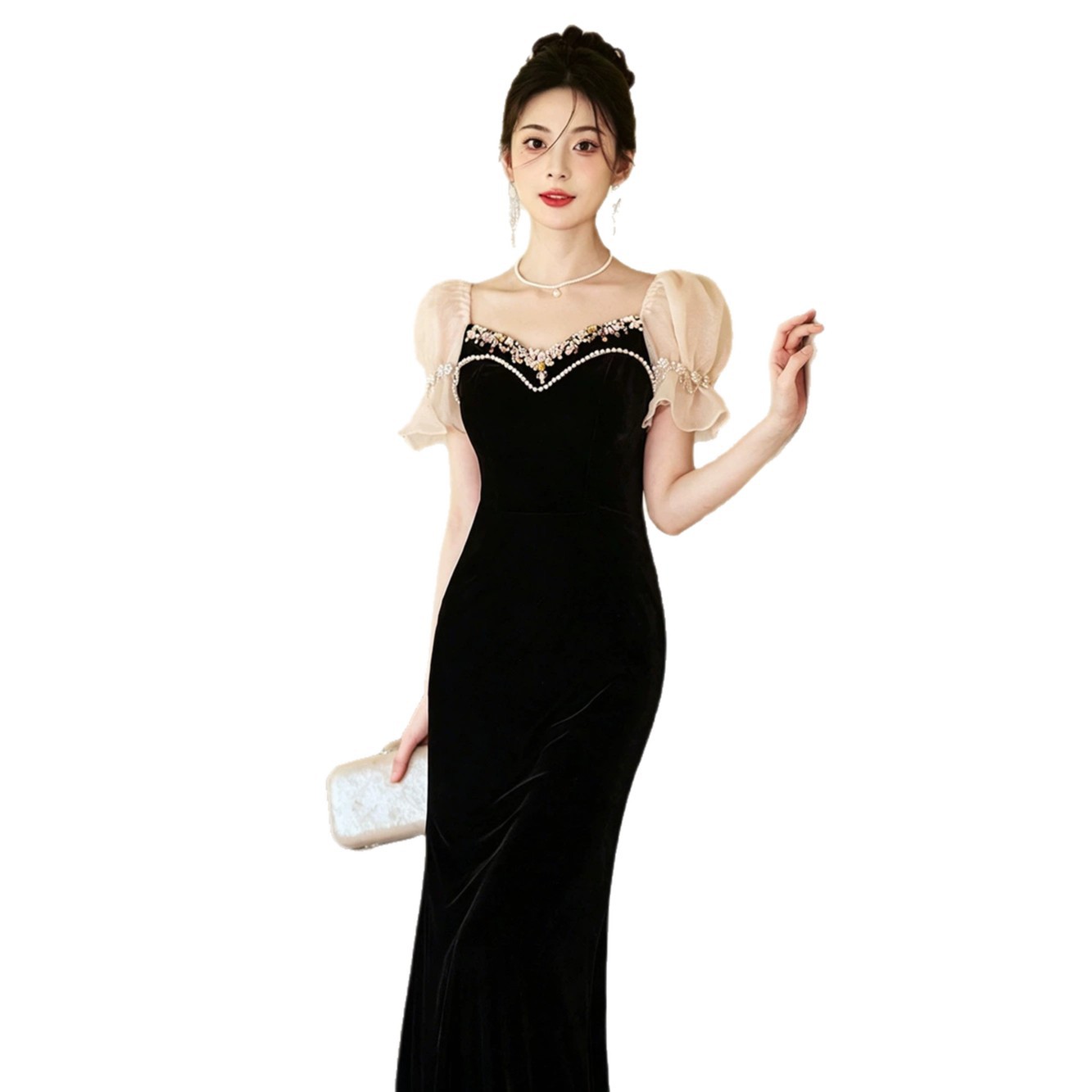 New Black Evening Gown Light Luxury French Mermaid Dress For Banquet Hostess Women's Wedding Party Wear_ecoleips.com