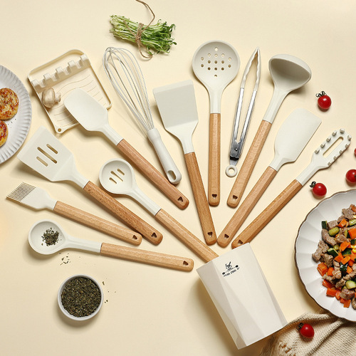 New style wooden handle silicone kitchen utensils 13-piece set for household cooking shovel soup spoon kitchen utensils household silicone kitchen utensils set