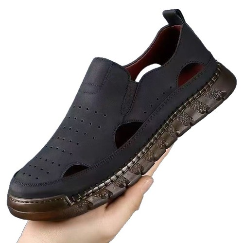 2025 Spring and Summer Men's Mesh Breathable New Leather Slip-On Cap Toe Sandals for Men, Overseas Large Size Beach Shoes