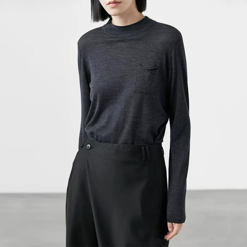 Autumn new style small pocket round neck heather gray 80-count ultra-fine merino wool thin knit long-sleeve base shirt for women Autumn new style small pocket round neck heather gray 80-count ultra-fine merino wool thin knit long-sleeve base shirt for women