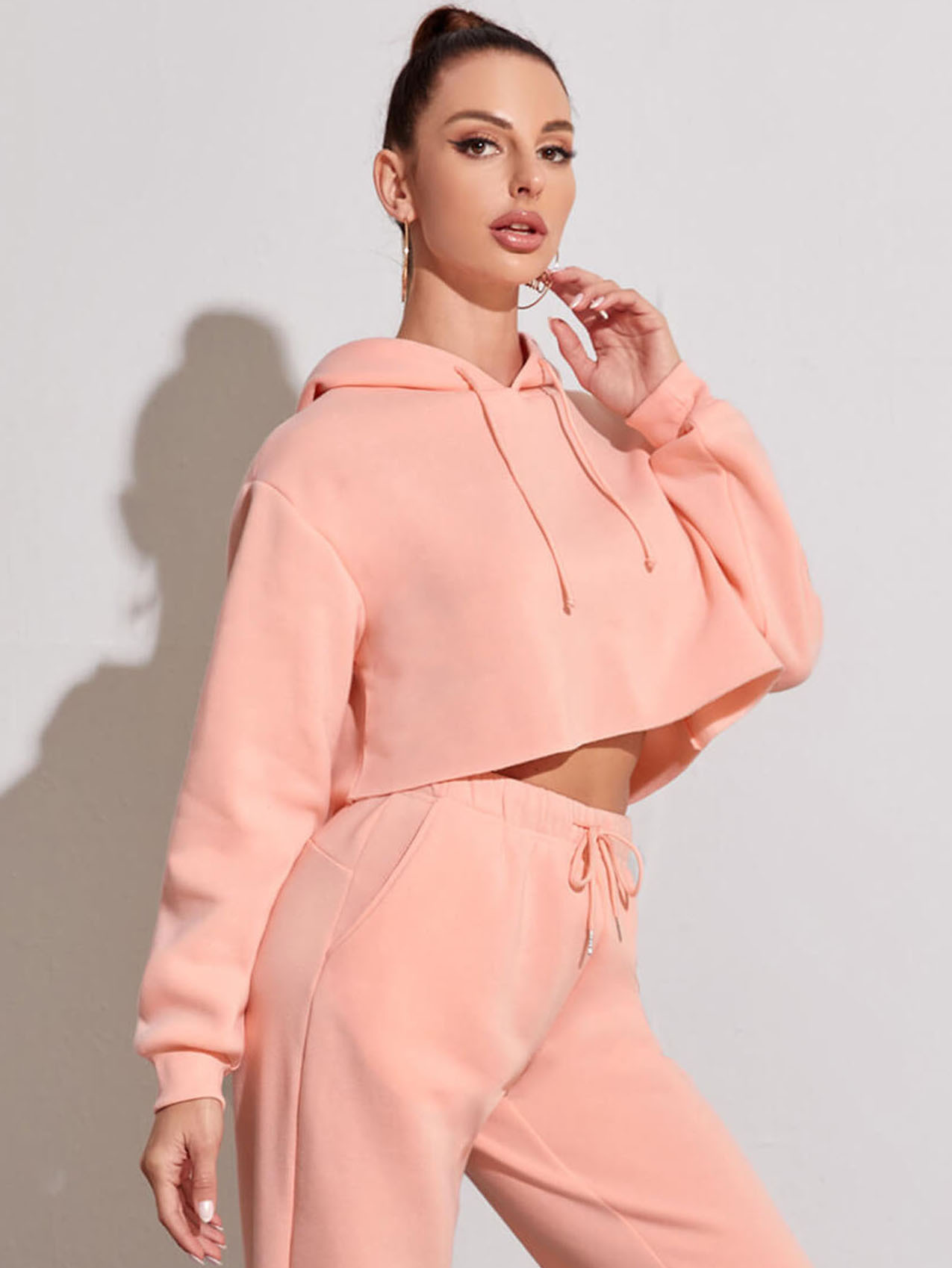 Fleece Solid Color Short Navel-Exposed Hooded