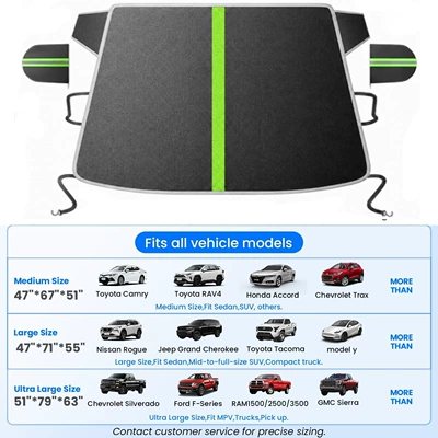 Car snow cover, car front windshield cover, anti-freeze, anti-snow and frost, front sunshade, winter cover, car cloth half cover (Car snow shield) - black-47x67x51-inches-medium-size-reflective-edging-reflective-mirror-cover-green-warning-strip-in-the-middle