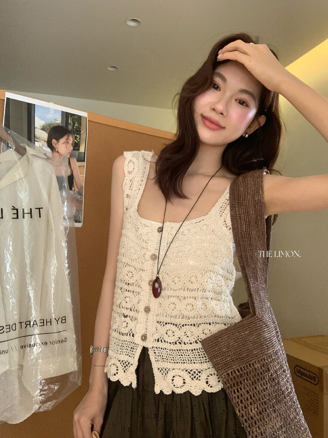 Áo hai dây nữ ren móc họa tiết cổ vuông phong cách Pháp — màu mơ chi tiết 6