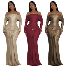 10929速卖通亚马逊欧美女装性感一字肩修身礼服长袖亮面连衣裙新