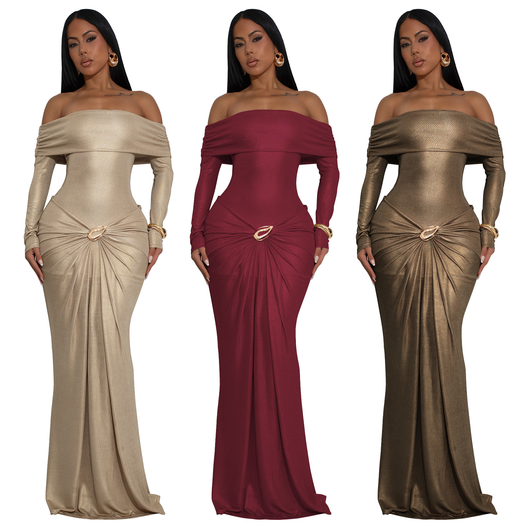 10929 Aliexpress Amazon European and American Clothing Sexy One-Shoulder Slim Dress Long-Sleeved Glossy Dress New