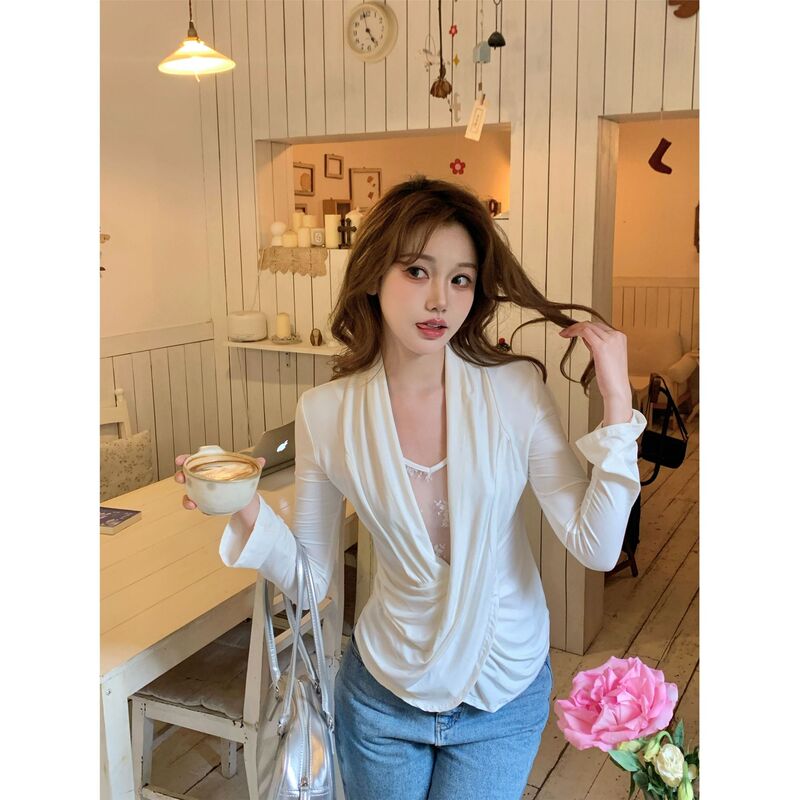 plus size Lace Fake Two-piece Long-sleeved T-shirt Women's Spring White Inner Base Shirt chubby girl Flesh Covering Slim Top plus size Lace Fake Two-piece Long-sleeved T-shirt Women's Spring White Inner Base Shirt chubby girl Flesh Covering Slim Top