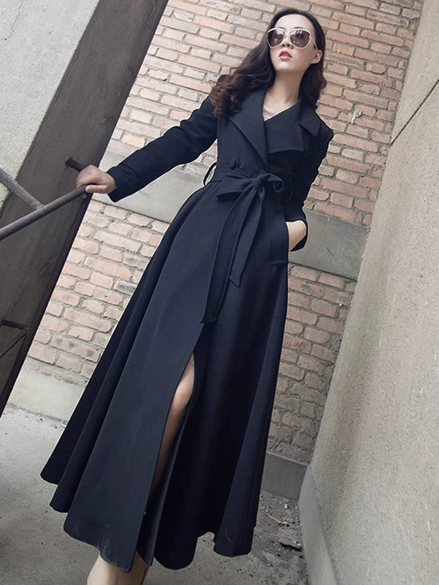Осеннее удлиненное пальто-тренч, длинная подтяжка, slim fit, большой размер