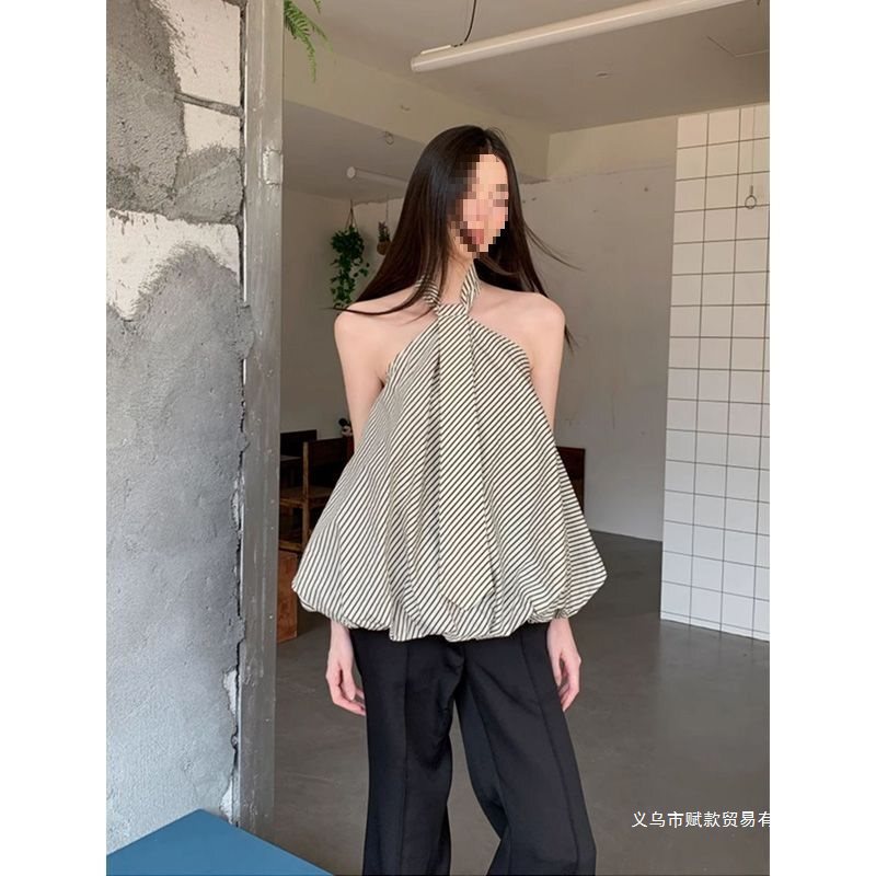 Korean Style Fashionable Design Striped Sleeveless Tie Halter Neck Tank Top for Women, New Summer Loose Slimming Flower Bud Top Korean Style Fashionable Design Striped Sleeveless Tie Halter Neck Tank Top for Women, New Summer Loose Slimming Flower Bud Top