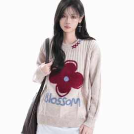 美式复古彩点花朵针织衫男女cleanfit高级感休闲撞色情侣宽松毛衣