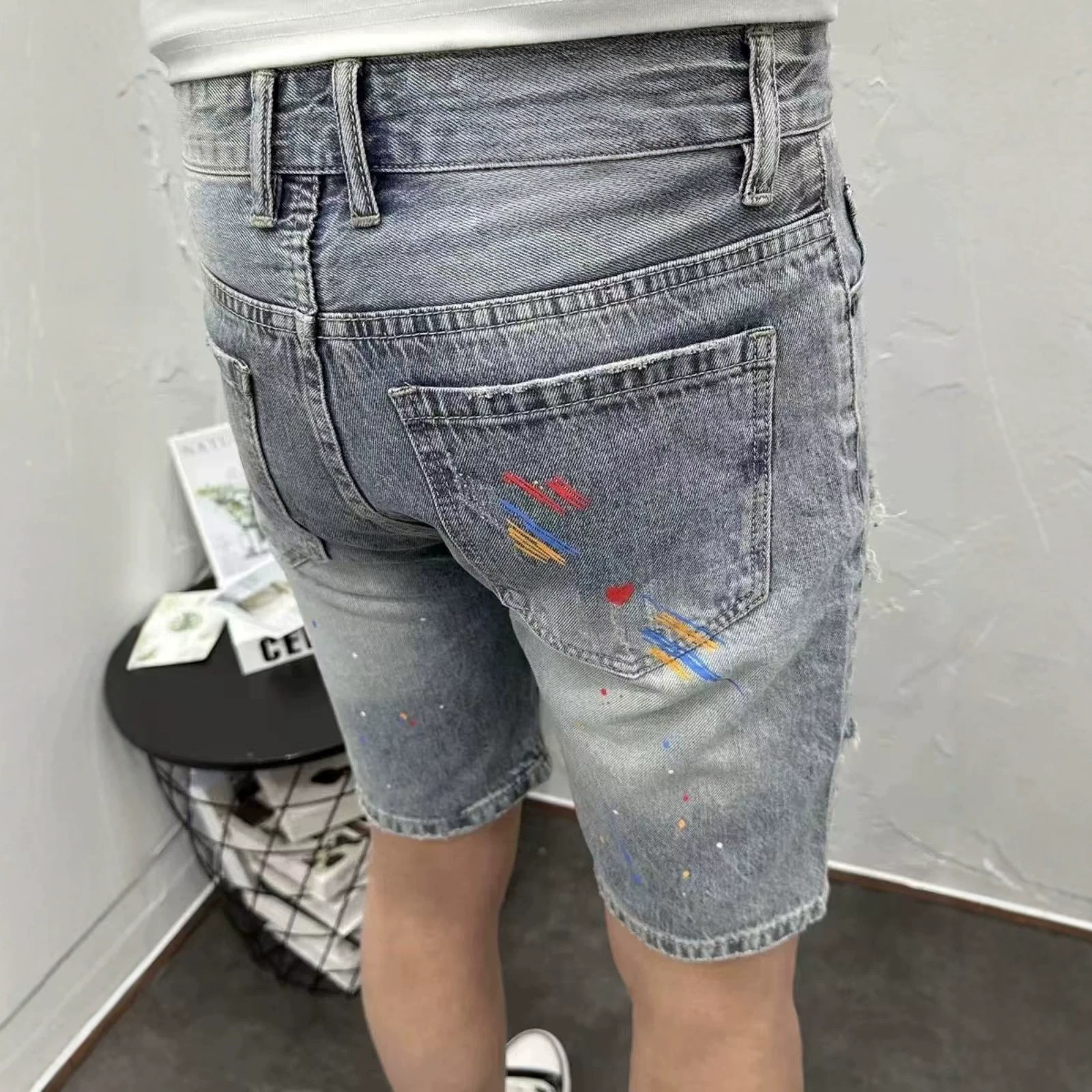 Retro-Jeansshorts für Herren im Used-Look mit Patchwork-Design, Stretch, lässige Sommerhose mit fünf Spitzenpunkten, trendiger Stil_voghion.com