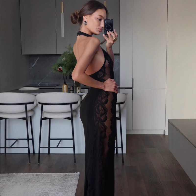 European and American Foreign Trade Fashion New Hot-Selling Women's Halter Neck Long Dress Sexy See-Through Lace Trim Hot Girl Dress