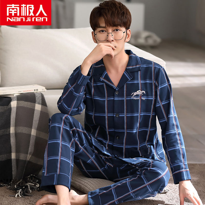 Pijamas de los hombres de manga larga de primavera y otoño 100% algodón de la Juventud de mediana edad más el tamaño de ocio ropa de casa traje