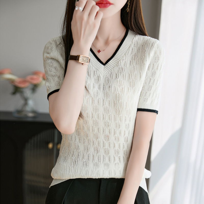 Summer New Style Cotton Women's V Neck Knitted Short-Sleeved T-Shirt Women's Jacquard Contrasting Color Loose Pullover Women's Bottoming Shirt Wholesale