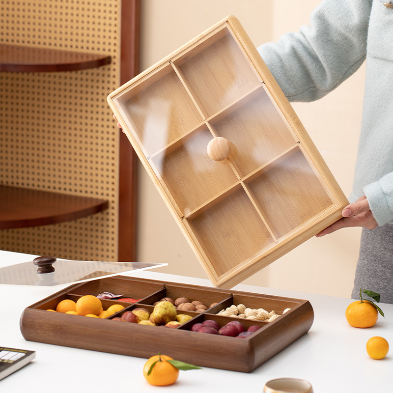 Light Luxury Bamboo Square Rhyme Style Six-Square Fruit Plate with Lid for Home Living Room Coffee Table Tea Tray 2025 New Style
