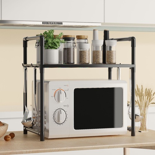 Kitchen with handle hooks, spice organizer rack, microwave shelf, widened and thickened oven, bread machine shelf