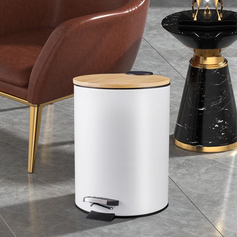 Cubierta de bambú para el hogar, cubo de basura silencioso y lento, cubo de almacenamiento para sala de estar, desperdicios de cocina con cubierta, cesta de papel para residuos de baño con pedal
