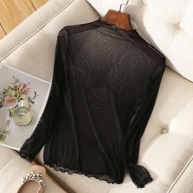 Lace Long-Sleeved Tulle Bottoming Shirt Slimming Look Transparent See-Through Polka Dot Mesh Top Women's Inner Wear Autum New Style